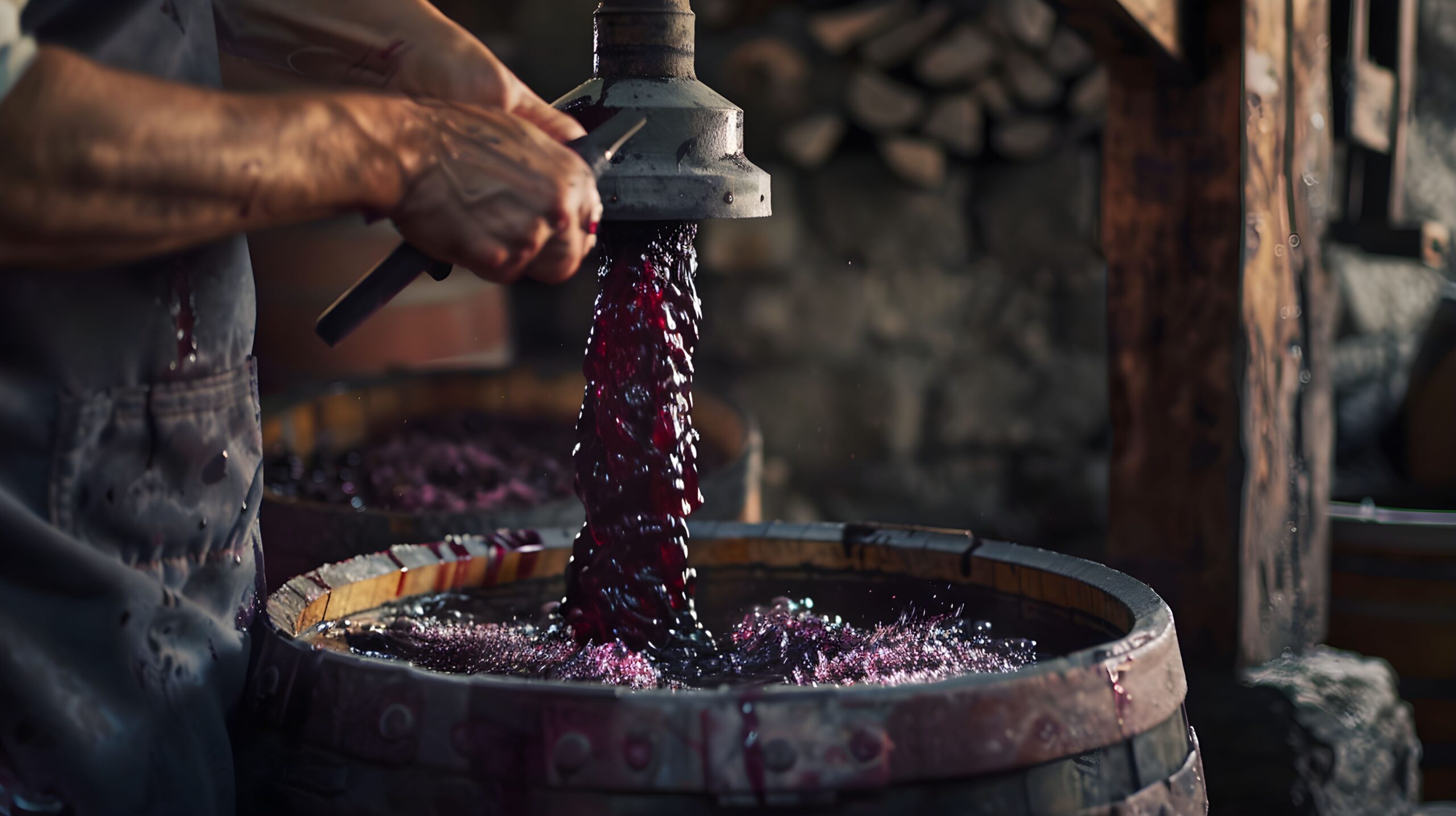 Traditional wine press in action with a winemaker’s hands turning the handle, rich purple grape juice flowing into a wooden bucket, old stone walls in the background